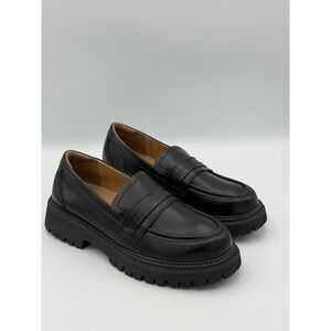 IUY Black Leather Chunky Lug Sole Penny Loafers Platform Work Shoes Women's 10